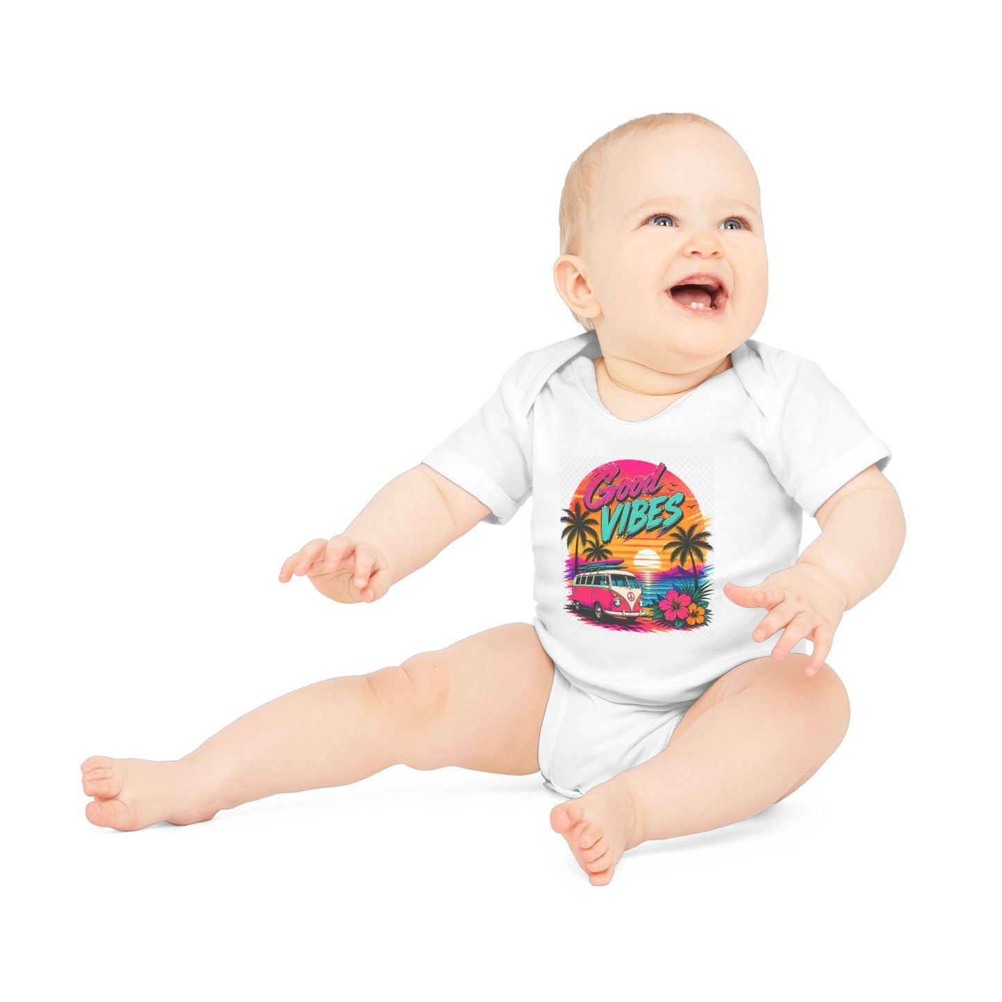 Baby Bodysuit — Retro 'Good Vibes' Tropical Sunset Graphic