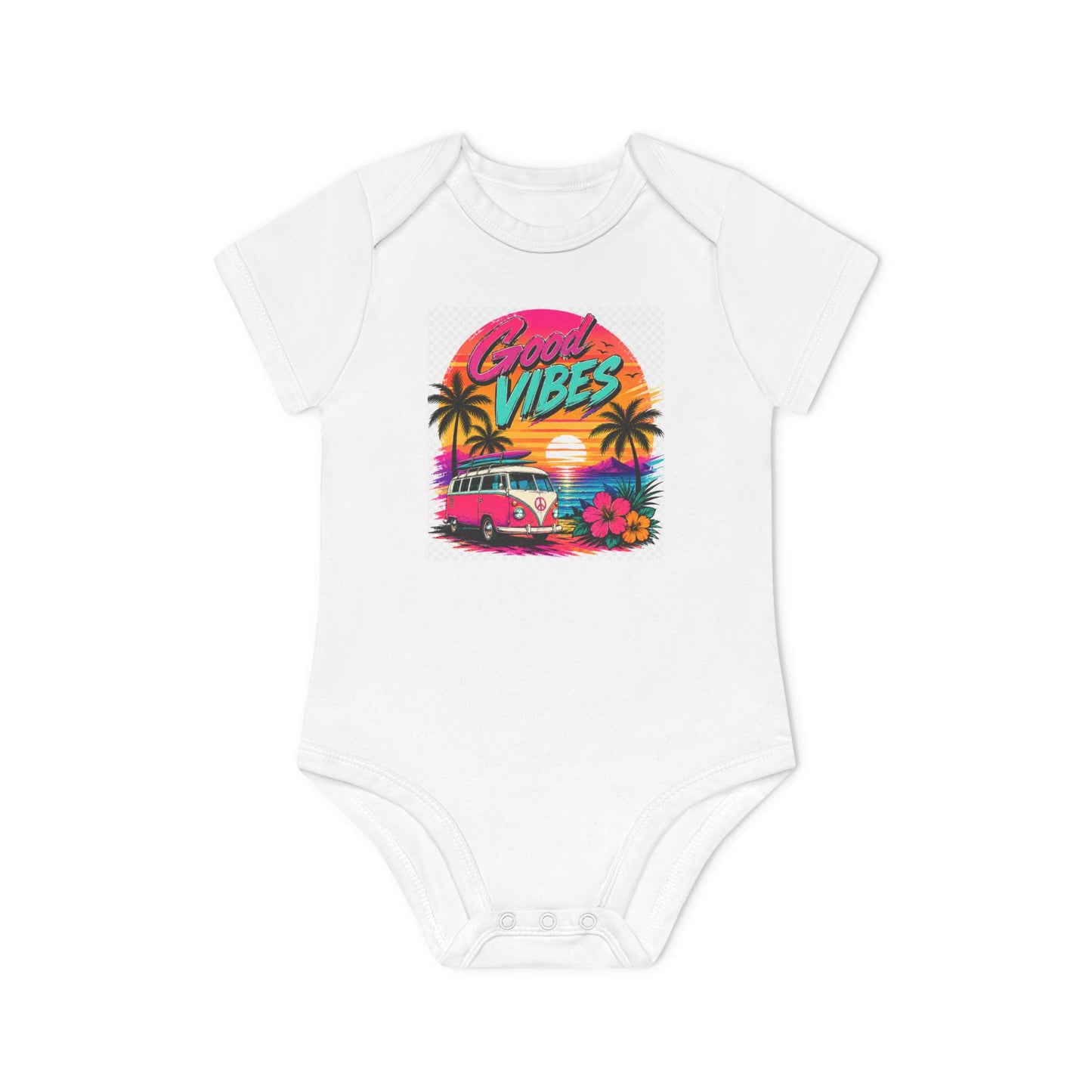 Baby Bodysuit — Retro 'Good Vibes' Tropical Sunset Graphic