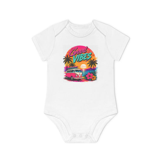 Baby Bodysuit — Retro 'Good Vibes' Tropical Sunset Graphic