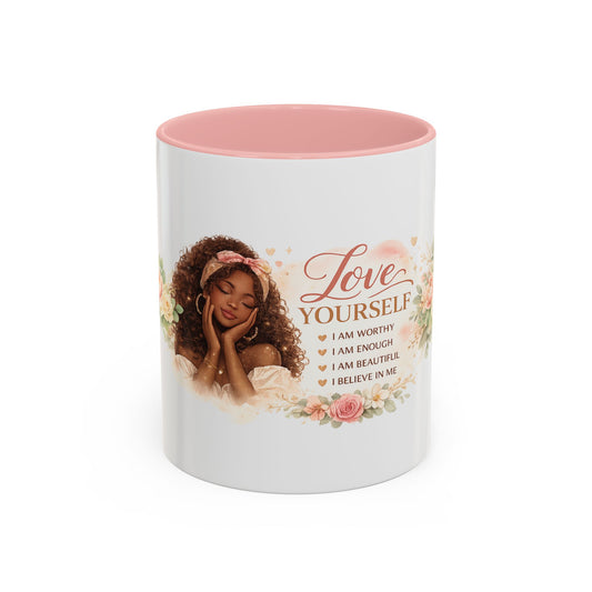 Inspirational 'Love Yourself' Coffee Mug — Floral Self-Care Accent Mug